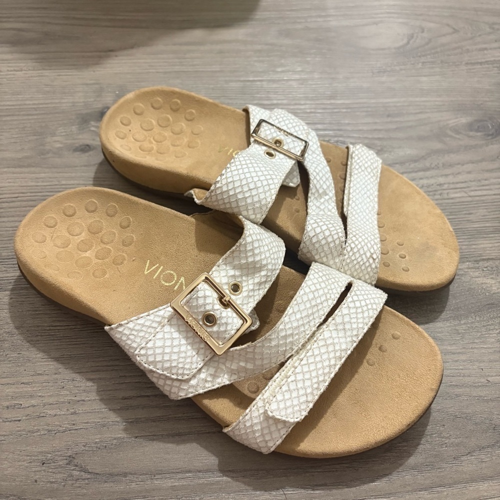 Vionic 341 Skylar White Leather Sandal Slides Slip On Women's Sz 7